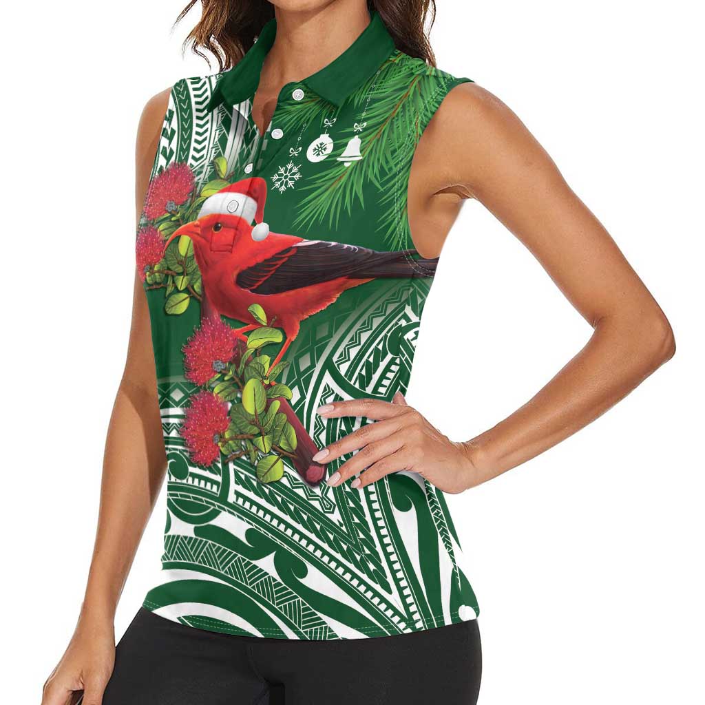Christmas Hawaii with I'iwi Bird Women Sleeveless Polo Shirt Aloha Mele Kalikimaka - Green Art