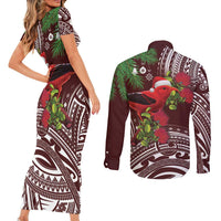 Christmas Hawaii with I'iwi Bird Couples Matching Short Sleeve Bodycon Dress and Long Sleeve Button Shirt Aloha Mele Kalikimaka - Oxblood Art