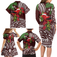 Christmas Hawaii with I'iwi Bird Family Matching Long Sleeve Bodycon Dress and Hawaiian Shirt Aloha Mele Kalikimaka - Oxblood Art