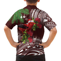 Christmas Hawaii with I'iwi Bird Family Matching Off The Shoulder Long Sleeve Dress and Hawaiian Shirt Aloha Mele Kalikimaka - Oxblood Art