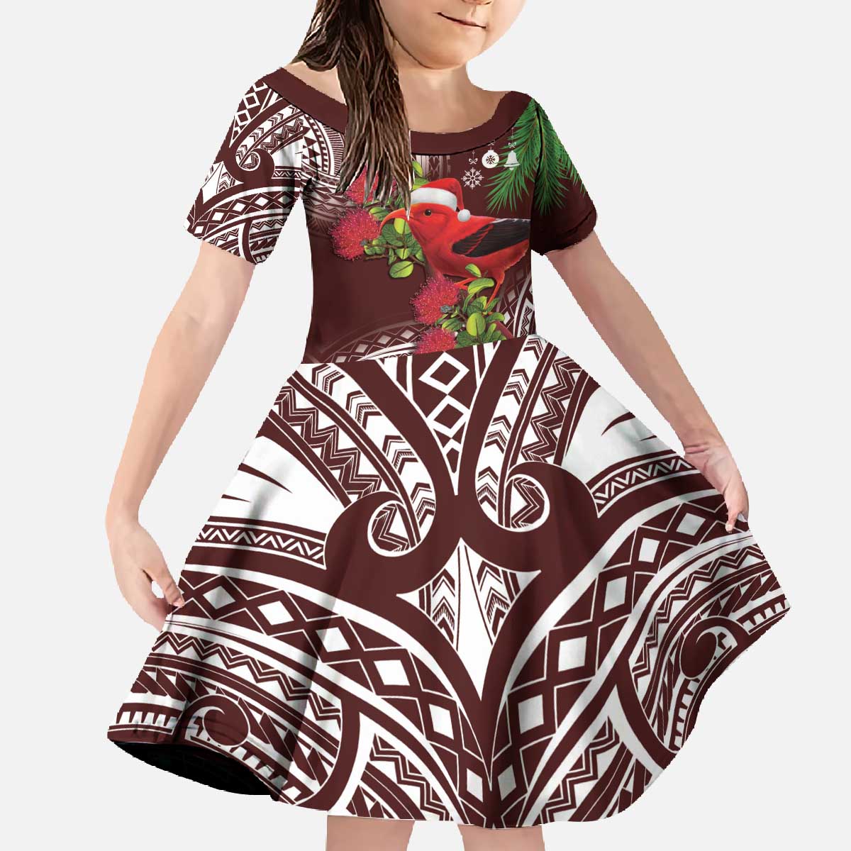 Christmas Hawaii with I'iwi Bird Family Matching Off The Shoulder Long Sleeve Dress and Hawaiian Shirt Aloha Mele Kalikimaka - Oxblood Art