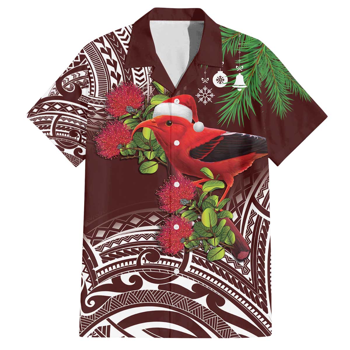 Christmas Hawaii with I'iwi Bird Family Matching Off The Shoulder Long Sleeve Dress and Hawaiian Shirt Aloha Mele Kalikimaka - Oxblood Art