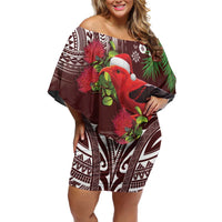 Christmas Hawaii with I'iwi Bird Family Matching Off Shoulder Short Dress and Hawaiian Shirt Aloha Mele Kalikimaka - Oxblood Art