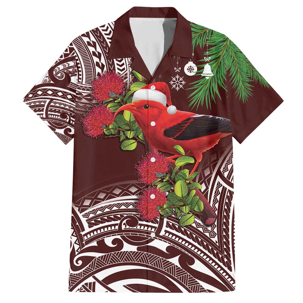 Christmas Hawaii with I'iwi Bird Hawaiian Shirt Aloha Mele Kalikimaka - Oxblood Art