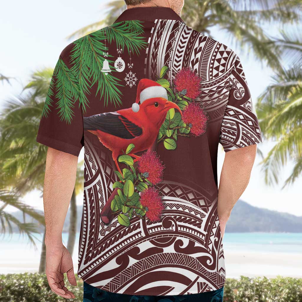 Christmas Hawaii with I'iwi Bird Hawaiian Shirt Aloha Mele Kalikimaka - Oxblood Art