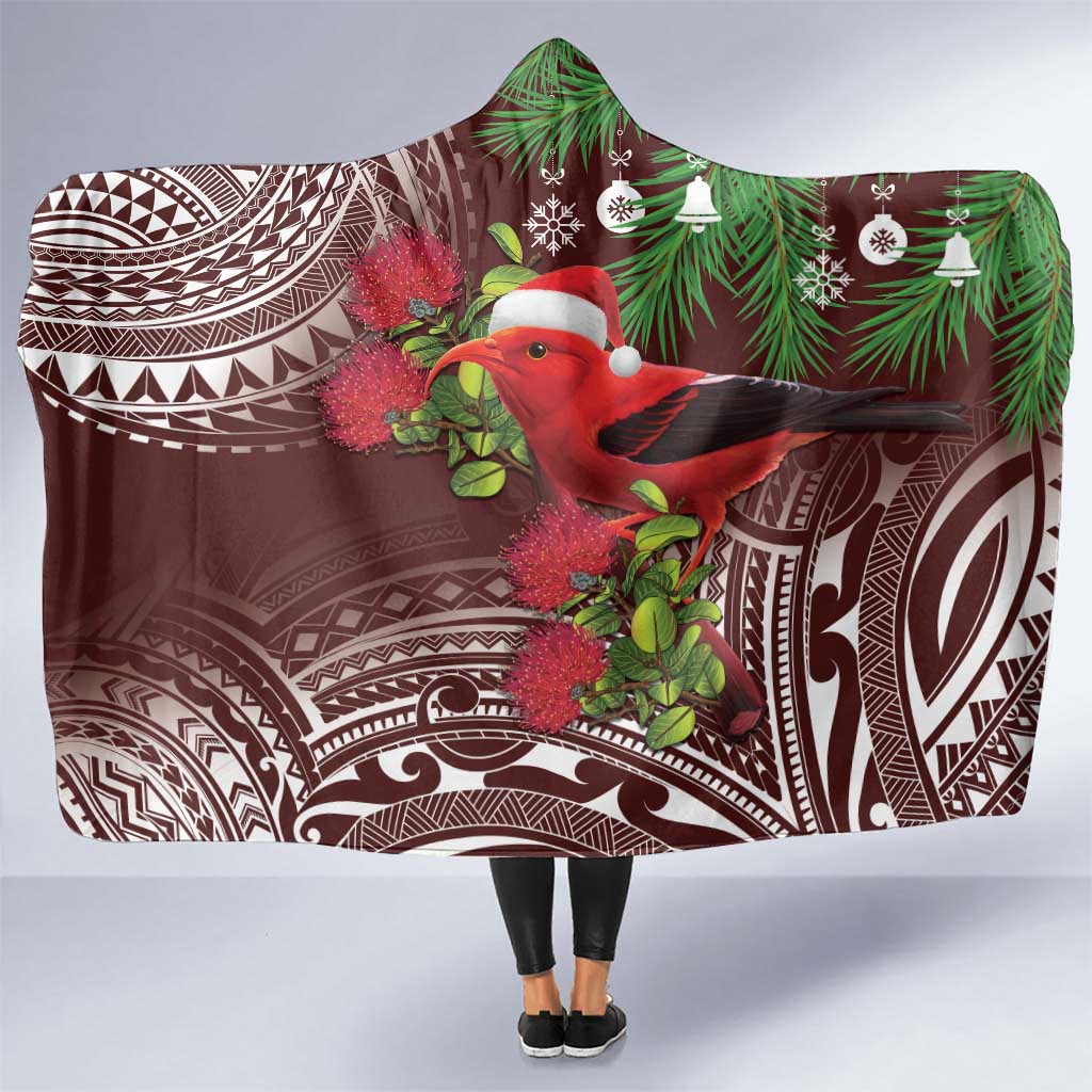 Christmas Hawaii with I'iwi Bird Hooded Blanket Aloha Mele Kalikimaka - Oxblood Art