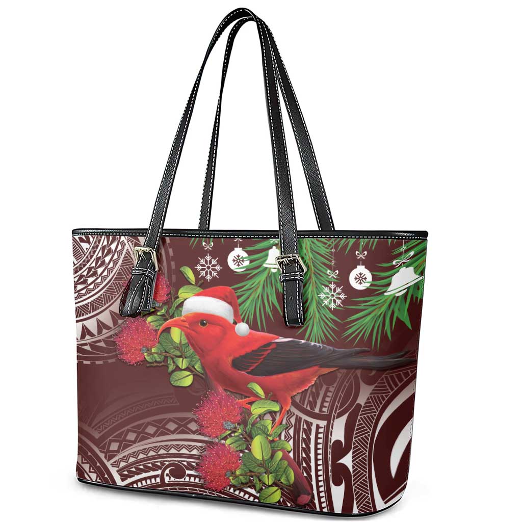 Christmas Hawaii with I'iwi Bird Leather Tote Bag Aloha Mele Kalikimaka - Oxblood Art
