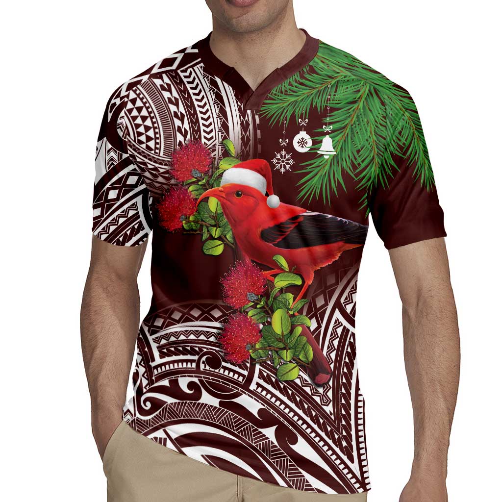 Christmas Hawaii with I'iwi Bird Rugby Jersey Aloha Mele Kalikimaka - Oxblood Art