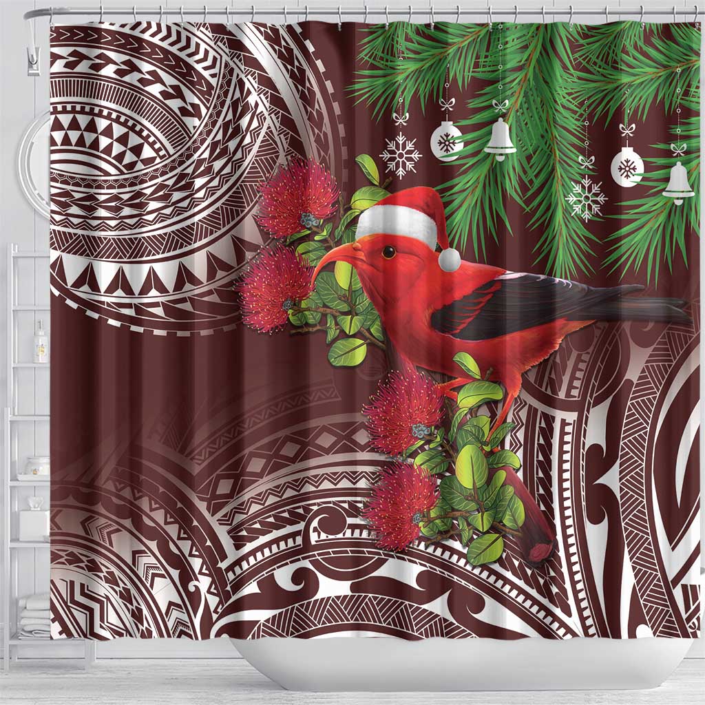 Christmas Hawaii with I'iwi Bird Shower Curtain Aloha Mele Kalikimaka - Oxblood Art