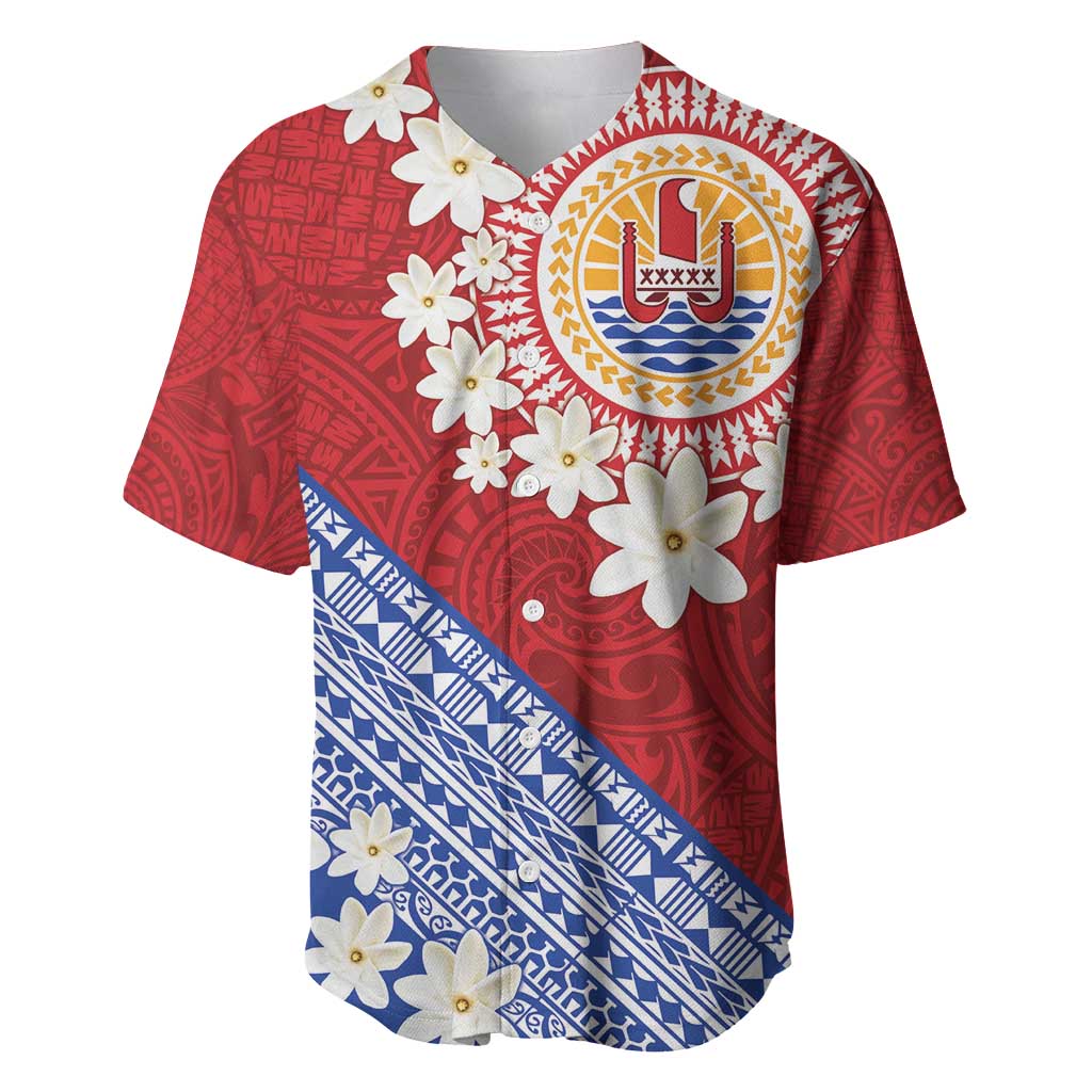 French Polynesia Baseball Jersey Tahitian Tiare Flowers Tribal LT9 Red - Polynesian Pride