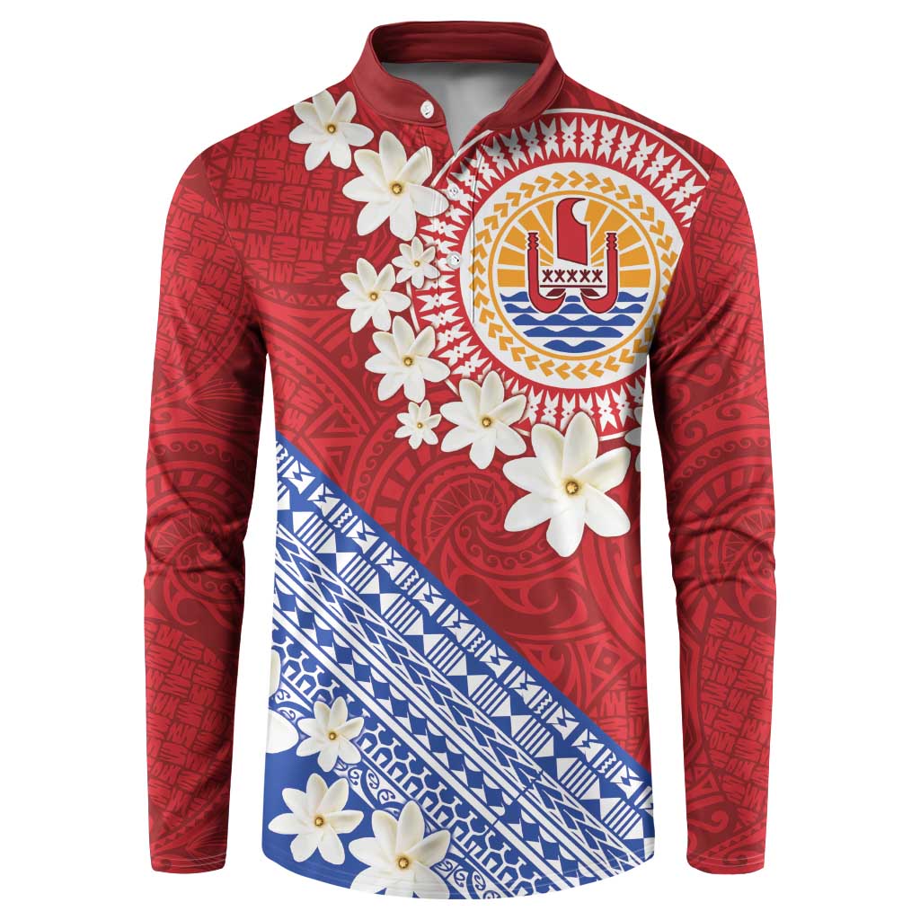 French Polynesia Button Sweatshirt Tahitian Tiare Flowers Tribal LT9 Red - Polynesian Pride