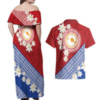 French Polynesia Couples Matching Off Shoulder Maxi Dress and Hawaiian Shirt Tahitian Tiare Flowers Tribal LT9 - Polynesian Pride
