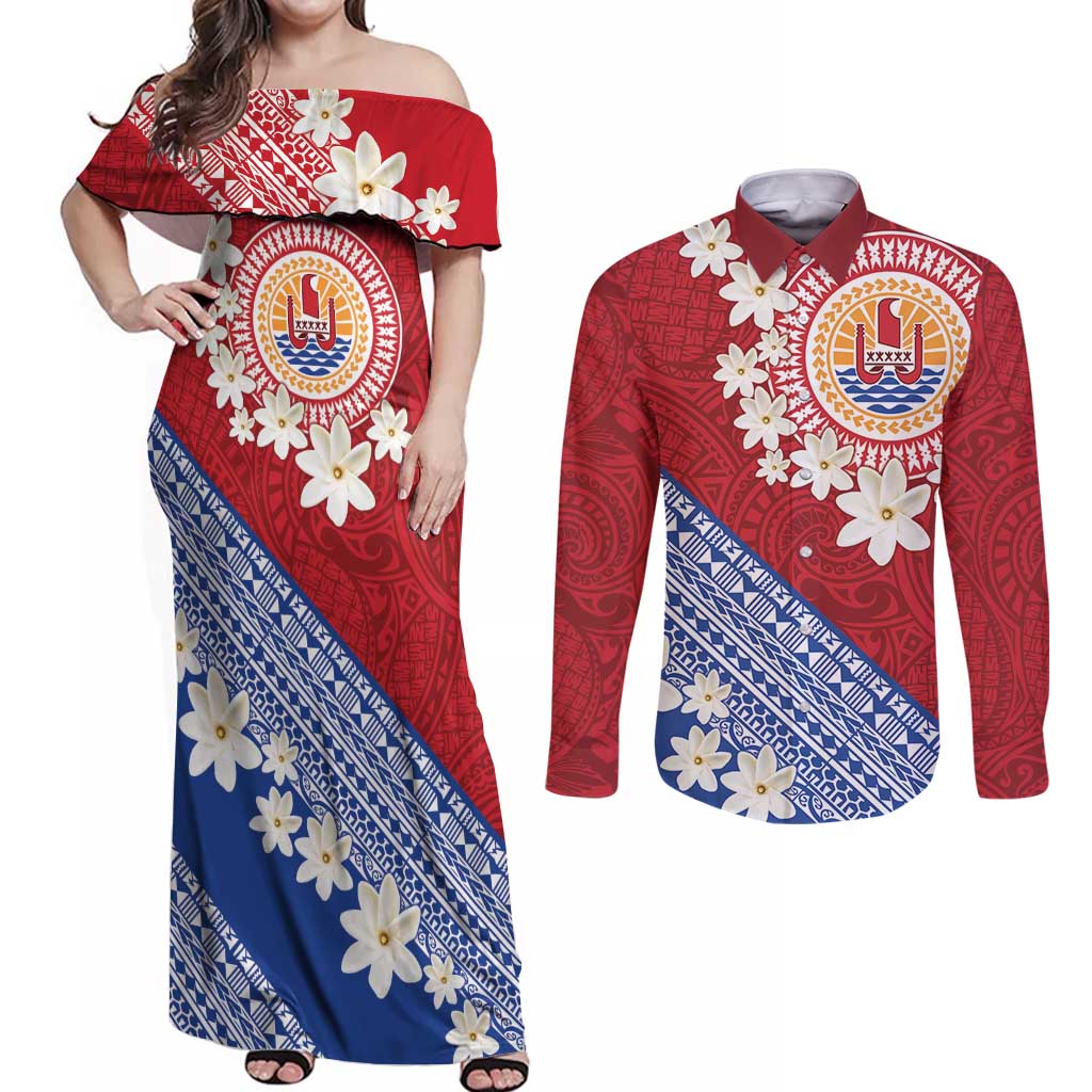 French Polynesia Couples Matching Off Shoulder Maxi Dress and Long Sleeve Button Shirt Tahitian Tiare Flowers Tribal LT9 Red - Polynesian Pride