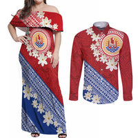French Polynesia Couples Matching Off Shoulder Maxi Dress and Long Sleeve Button Shirt Tahitian Tiare Flowers Tribal LT9 Red - Polynesian Pride