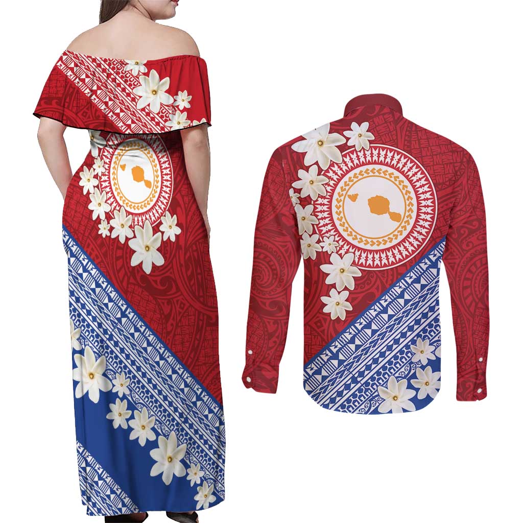 French Polynesia Couples Matching Off Shoulder Maxi Dress and Long Sleeve Button Shirt Tahitian Tiare Flowers Tribal LT9 - Polynesian Pride