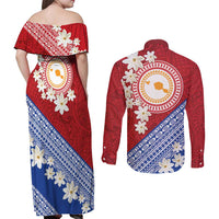 French Polynesia Couples Matching Off Shoulder Maxi Dress and Long Sleeve Button Shirt Tahitian Tiare Flowers Tribal LT9 - Polynesian Pride