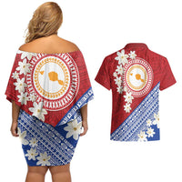 French Polynesia Couples Matching Off Shoulder Short Dress and Hawaiian Shirt Tahitian Tiare Flowers Tribal LT9 - Polynesian Pride
