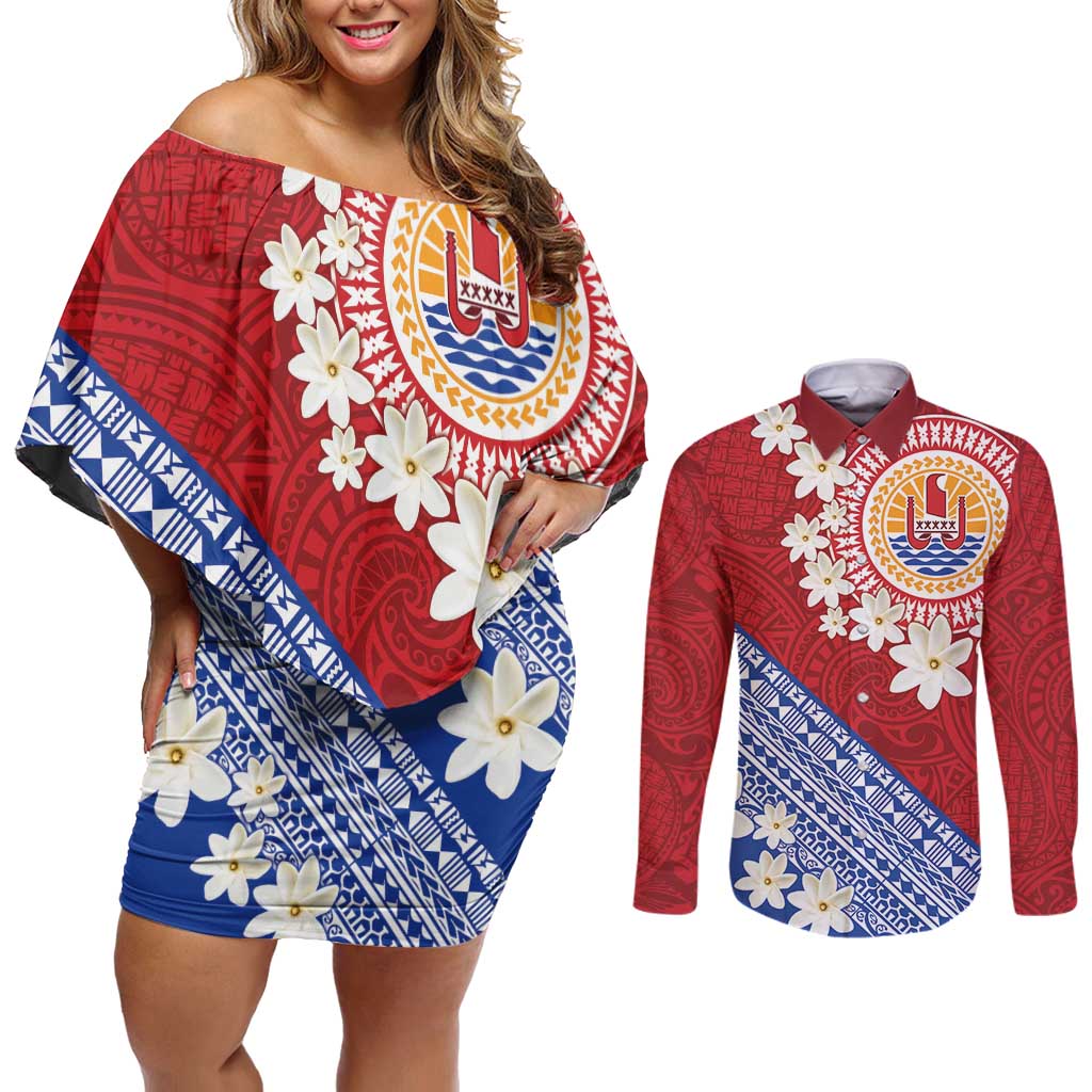 French Polynesia Couples Matching Off Shoulder Short Dress and Long Sleeve Button Shirt Tahitian Tiare Flowers Tribal LT9 Red - Polynesian Pride