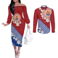 French Polynesia Couples Matching Off The Shoulder Long Sleeve Dress and Long Sleeve Button Shirt Tahitian Tiare Flowers Tribal LT9 Red - Polynesian Pride