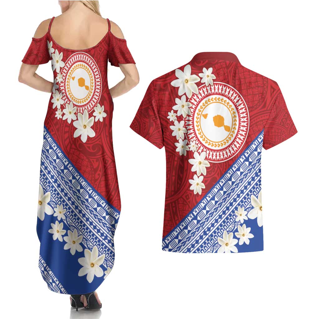 French Polynesia Couples Matching Summer Maxi Dress and Hawaiian Shirt Tahitian Tiare Flowers Tribal LT9 - Polynesian Pride