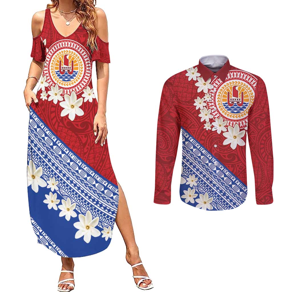 French Polynesia Couples Matching Summer Maxi Dress and Long Sleeve Button Shirt Tahitian Tiare Flowers Tribal LT9 Red - Polynesian Pride