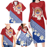 French Polynesia Family Matching Long Sleeve Bodycon Dress and Hawaiian Shirt Tahitian Tiare Flowers Tribal LT9 - Polynesian Pride
