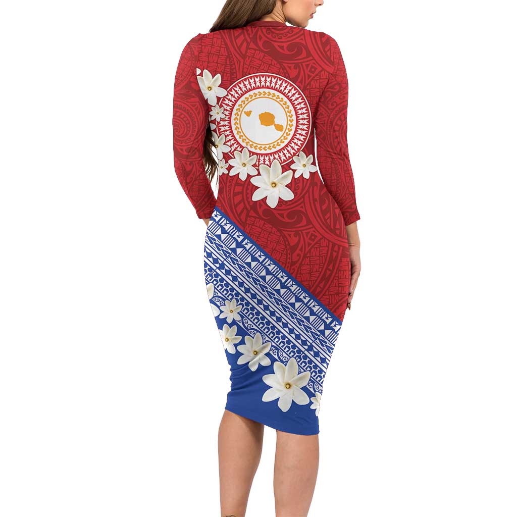 French Polynesia Family Matching Long Sleeve Bodycon Dress and Hawaiian Shirt Tahitian Tiare Flowers Tribal LT9 - Polynesian Pride
