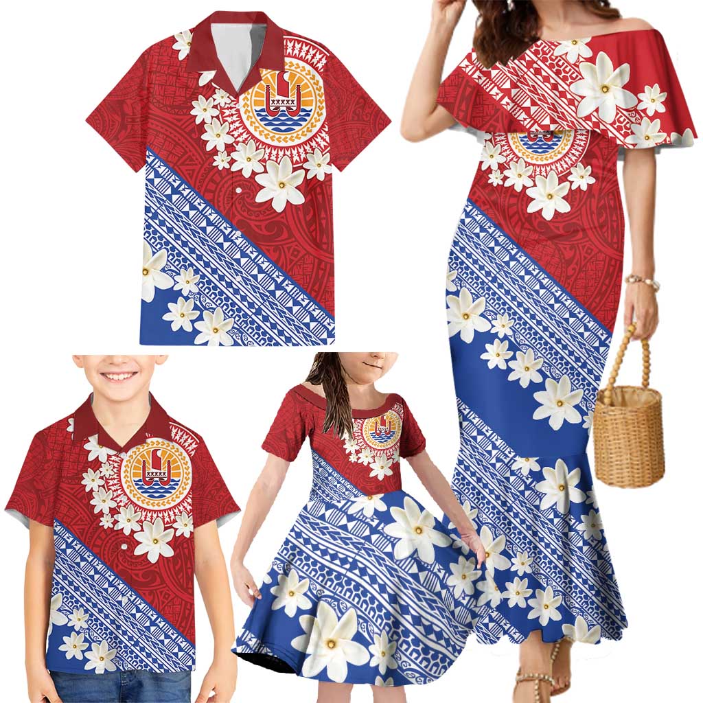 French Polynesia Family Matching Mermaid Dress and Hawaiian Shirt Tahitian Tiare Flowers Tribal