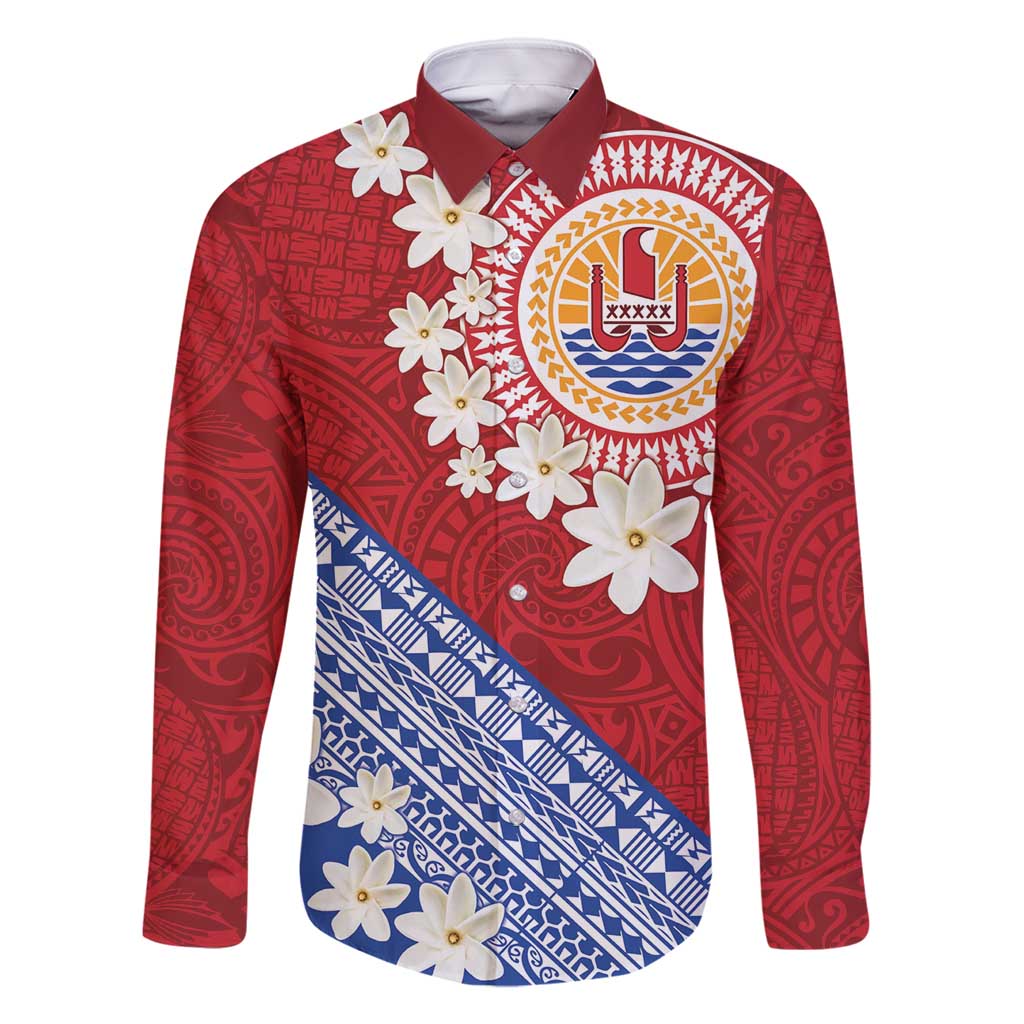 French Polynesia Family Matching Off Shoulder Short Dress and Hawaiian Shirt Tahitian Tiare Flowers Tribal LT9 Dad's Shirt - Long Sleeve Red - Polynesian Pride