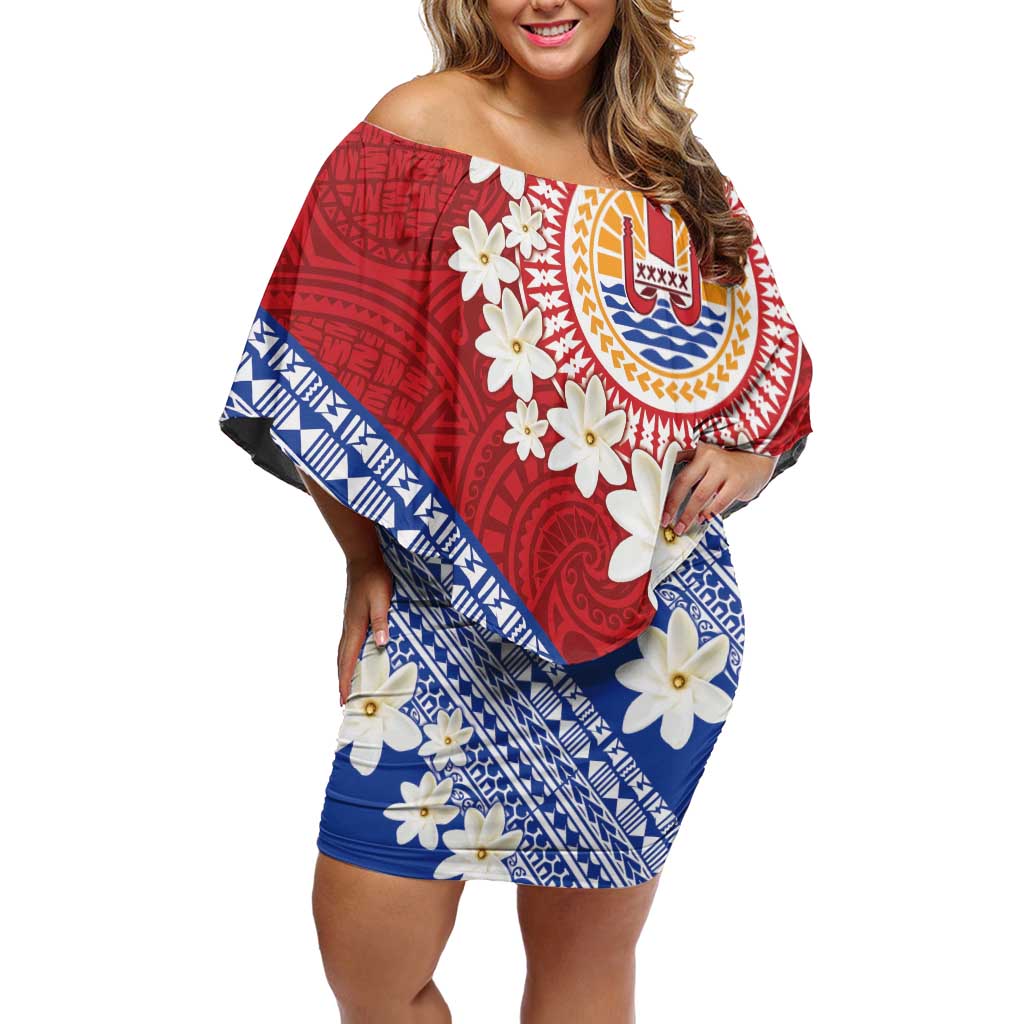 French Polynesia Family Matching Off Shoulder Short Dress and Hawaiian Shirt Tahitian Tiare Flowers Tribal LT9 Mom's Dress Red - Polynesian Pride