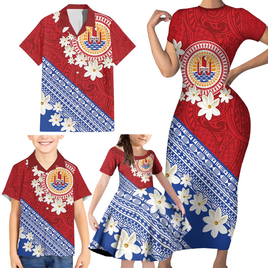 French Polynesia Family Matching Short Sleeve Bodycon Dress and Hawaiian Shirt Tahitian Tiare Flowers Tribal LT9 - Polynesian Pride