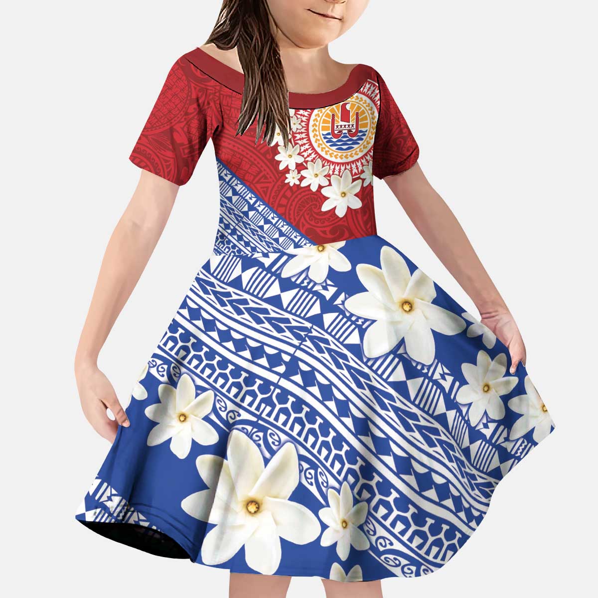 French Polynesia Kid Short Sleeve Dress Tahitian Tiare Flowers Tribal