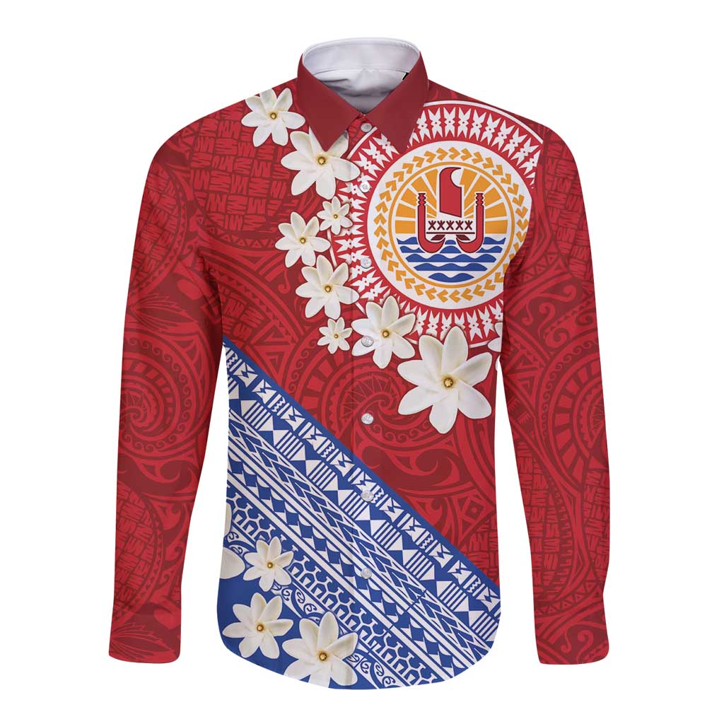 French Polynesia Long Sleeve Button Shirt Tahitian Tiare Flowers Tribal LT9 Unisex Red - Polynesian Pride
