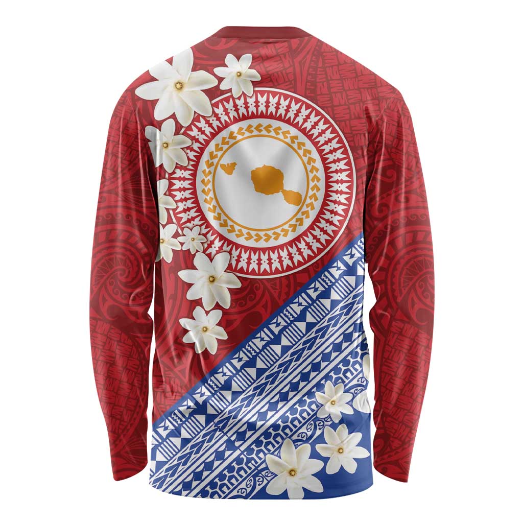 French Polynesia Long Sleeve Shirt Tahitian Tiare Flowers Tribal