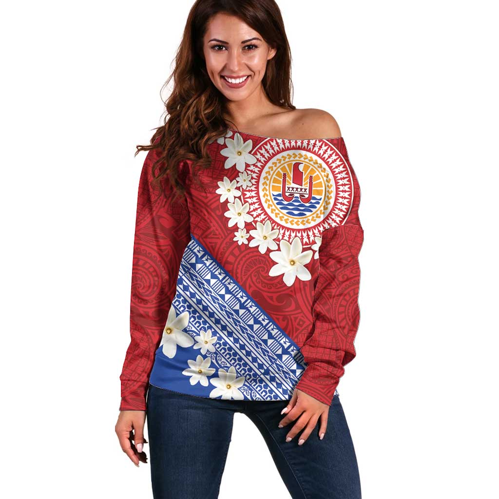 French Polynesia Off Shoulder Sweater Tahitian Tiare Flowers Tribal LT9 Women Red - Polynesian Pride