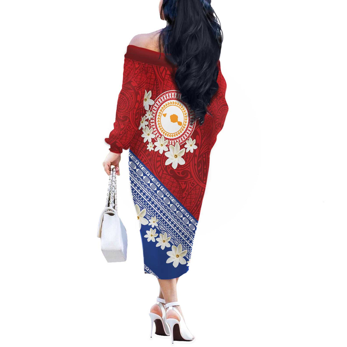 French Polynesia Off The Shoulder Long Sleeve Dress Tahitian Tiare Flowers Tribal
