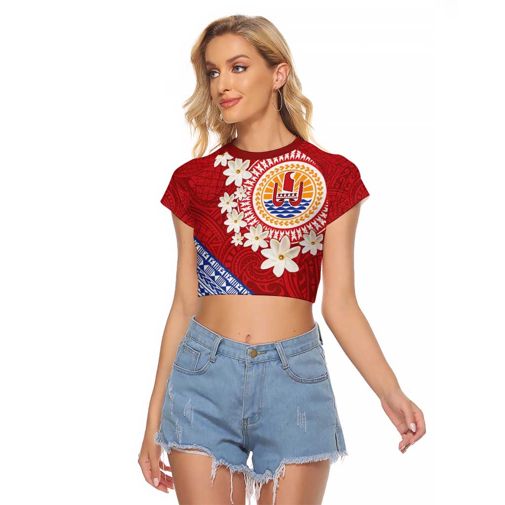 French Polynesia Raglan Cropped T Shirt Tahitian Tiare Flowers Tribal LT9 Female Red - Polynesian Pride