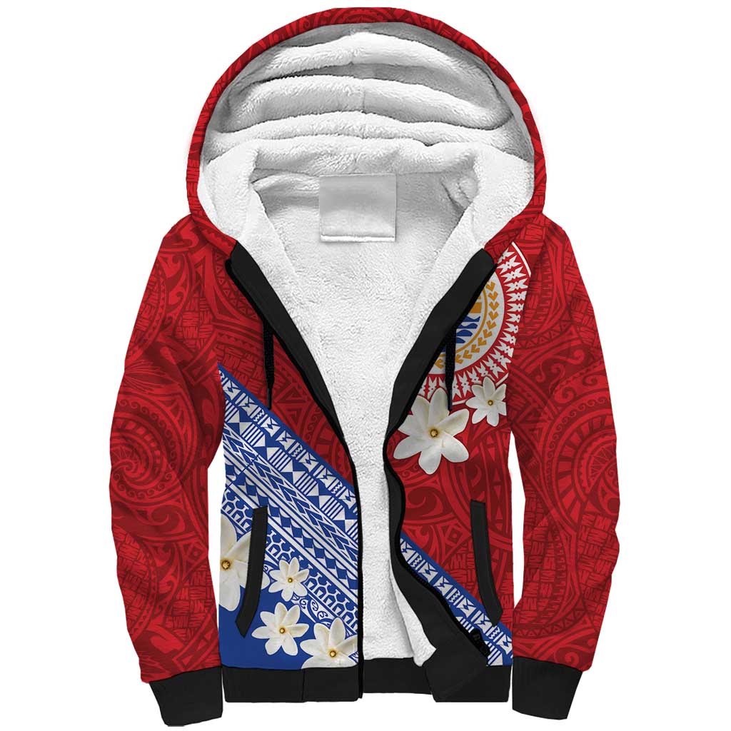 French Polynesia Sherpa Hoodie Tahitian Tiare Flowers Tribal