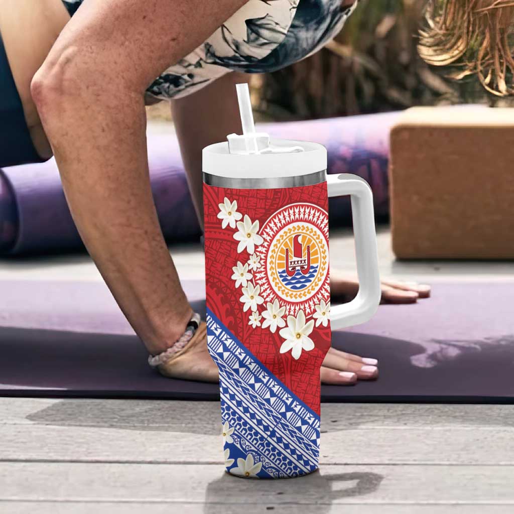 French Polynesia Tumbler With Handle Tahitian Tiare Flowers Tribal LT9 - Polynesian Pride