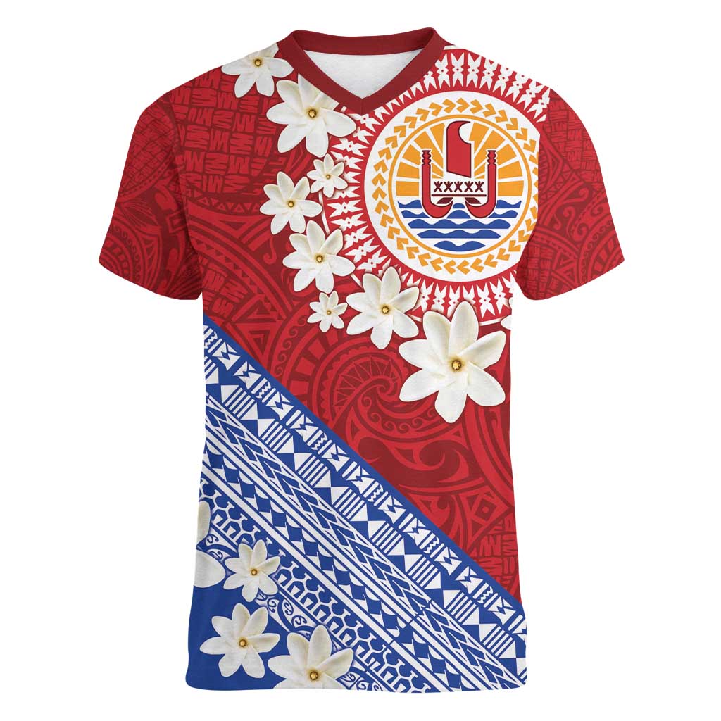 French Polynesia Women V-Neck T-Shirt Tahitian Tiare Flowers Tribal LT9 Female Red - Polynesian Pride