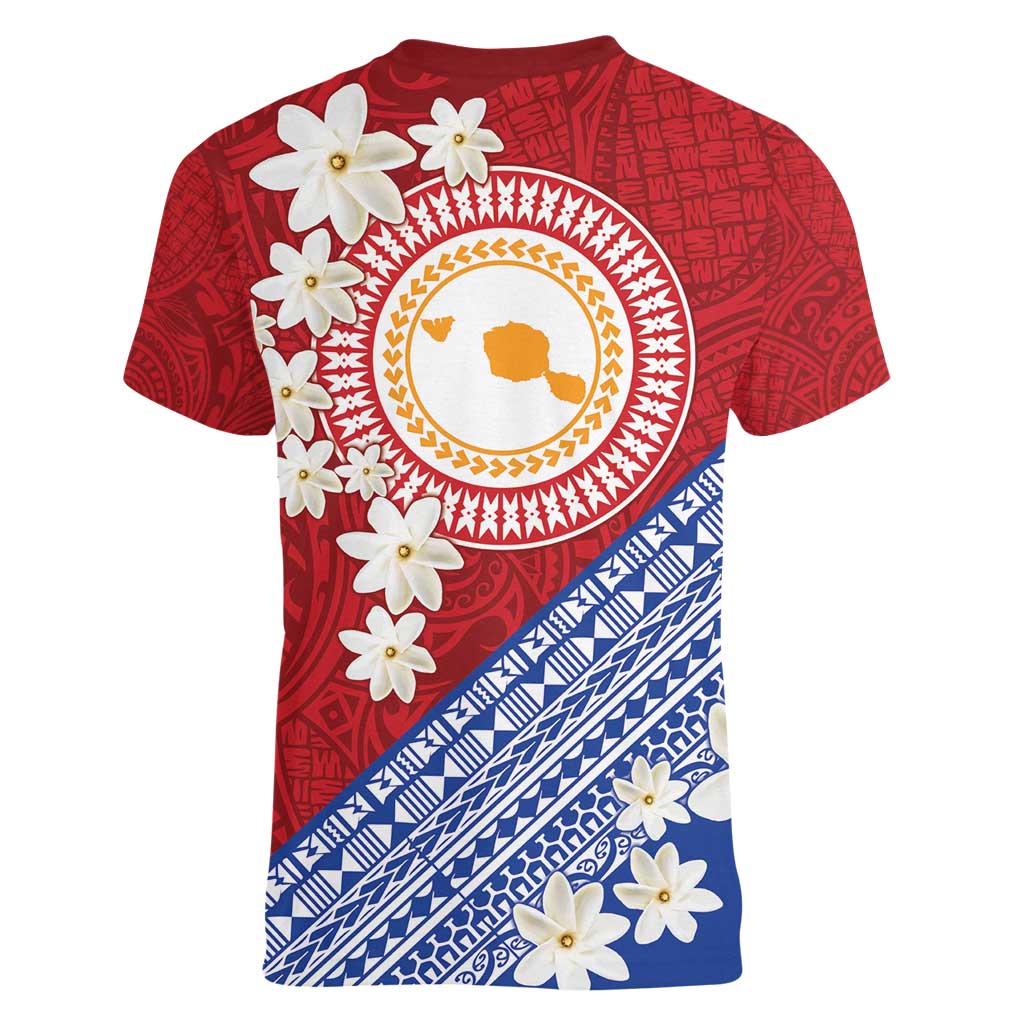 French Polynesia Women V-Neck T-Shirt Tahitian Tiare Flowers Tribal LT9 - Polynesian Pride