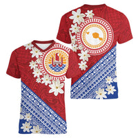 French Polynesia Women V-Neck T-Shirt Tahitian Tiare Flowers Tribal LT9 - Polynesian Pride