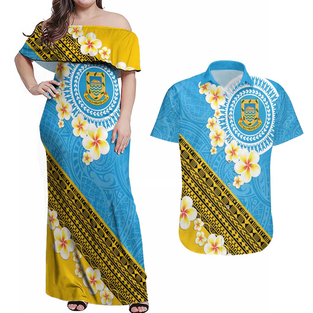 Tuvalu Plumeria Flowers Couples Matching Off Shoulder Maxi Dress and Hawaiian Shirt Polynesian Tribal Pattern LT9 Blue - Polynesian Pride
