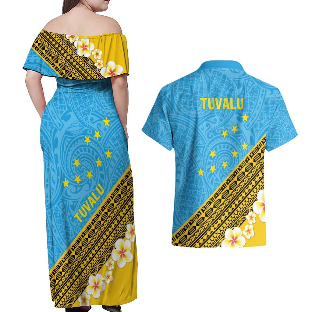 Tuvalu Plumeria Flowers Couples Matching Off Shoulder Maxi Dress and Hawaiian Shirt Polynesian Tribal Pattern LT9 - Polynesian Pride