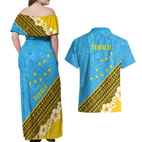 Tuvalu Plumeria Flowers Couples Matching Off Shoulder Maxi Dress and Hawaiian Shirt Polynesian Tribal Pattern LT9 - Polynesian Pride