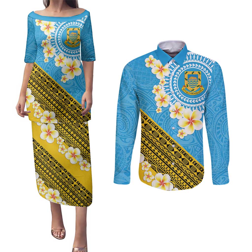 Tuvalu Plumeria Flowers Couples Matching Puletasi and Long Sleeve Button Shirt Polynesian Tribal Pattern