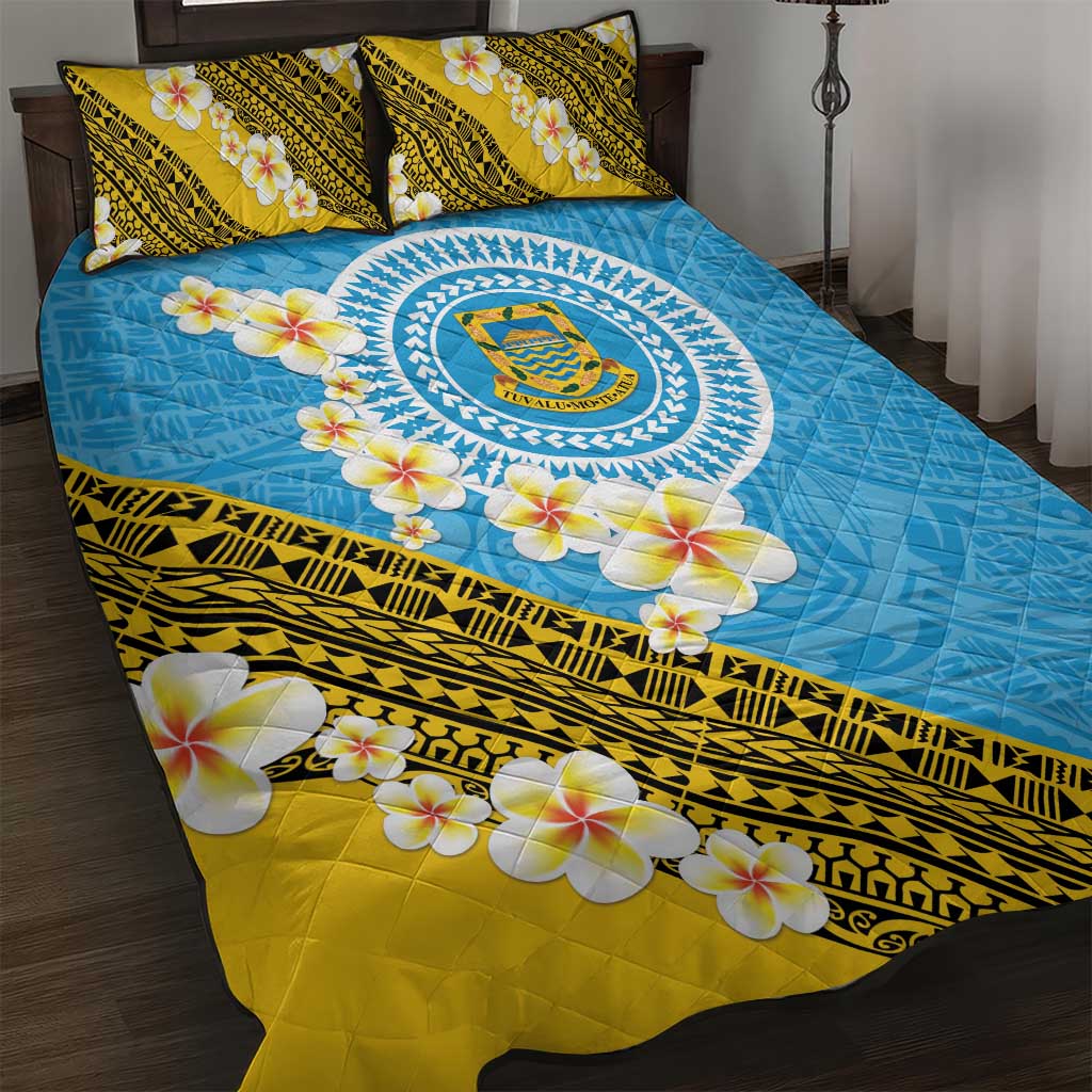 Tuvalu Plumeria Flowers Quilt Bed Set Polynesian Tribal Pattern