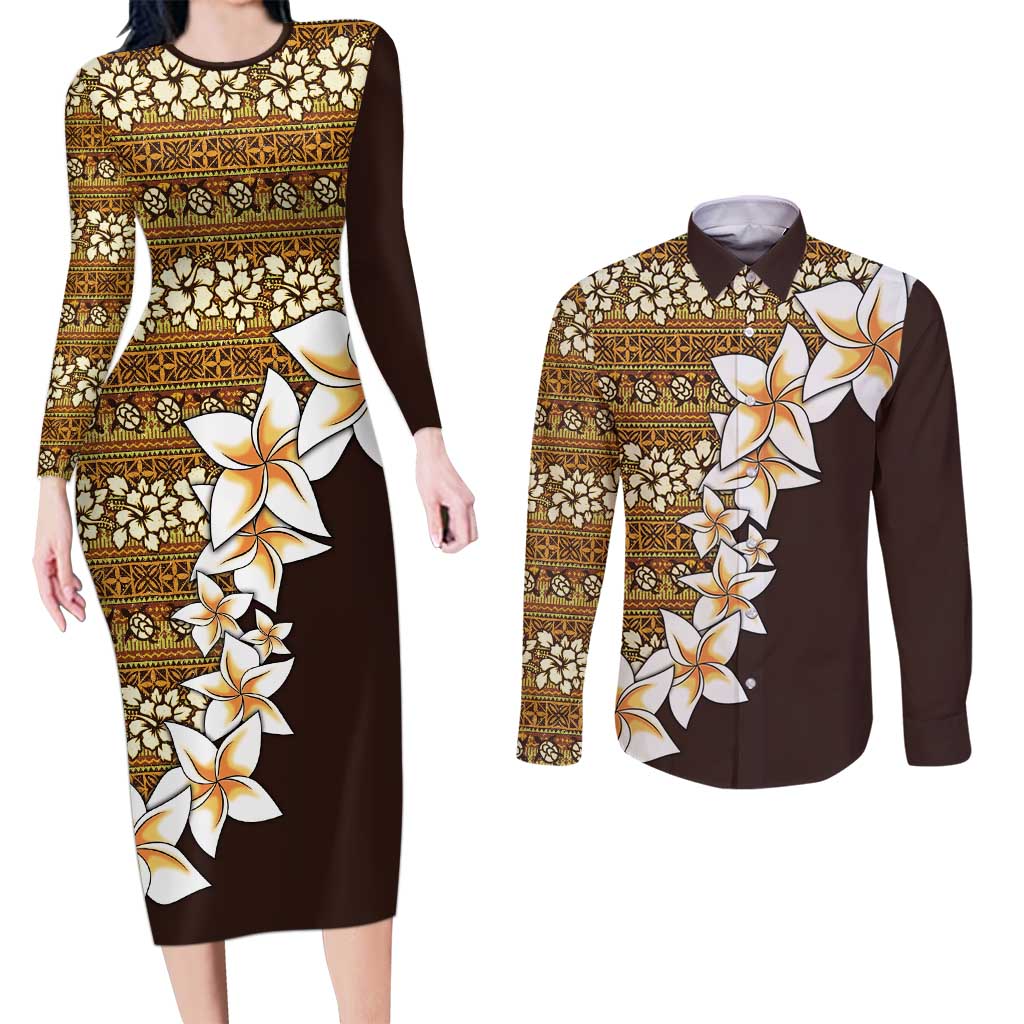 Vintage Hibiscus Turtle Pattern Couples Matching Long Sleeve Bodycon Dress and Long Sleeve Button Shirt with Plumeria Half Style