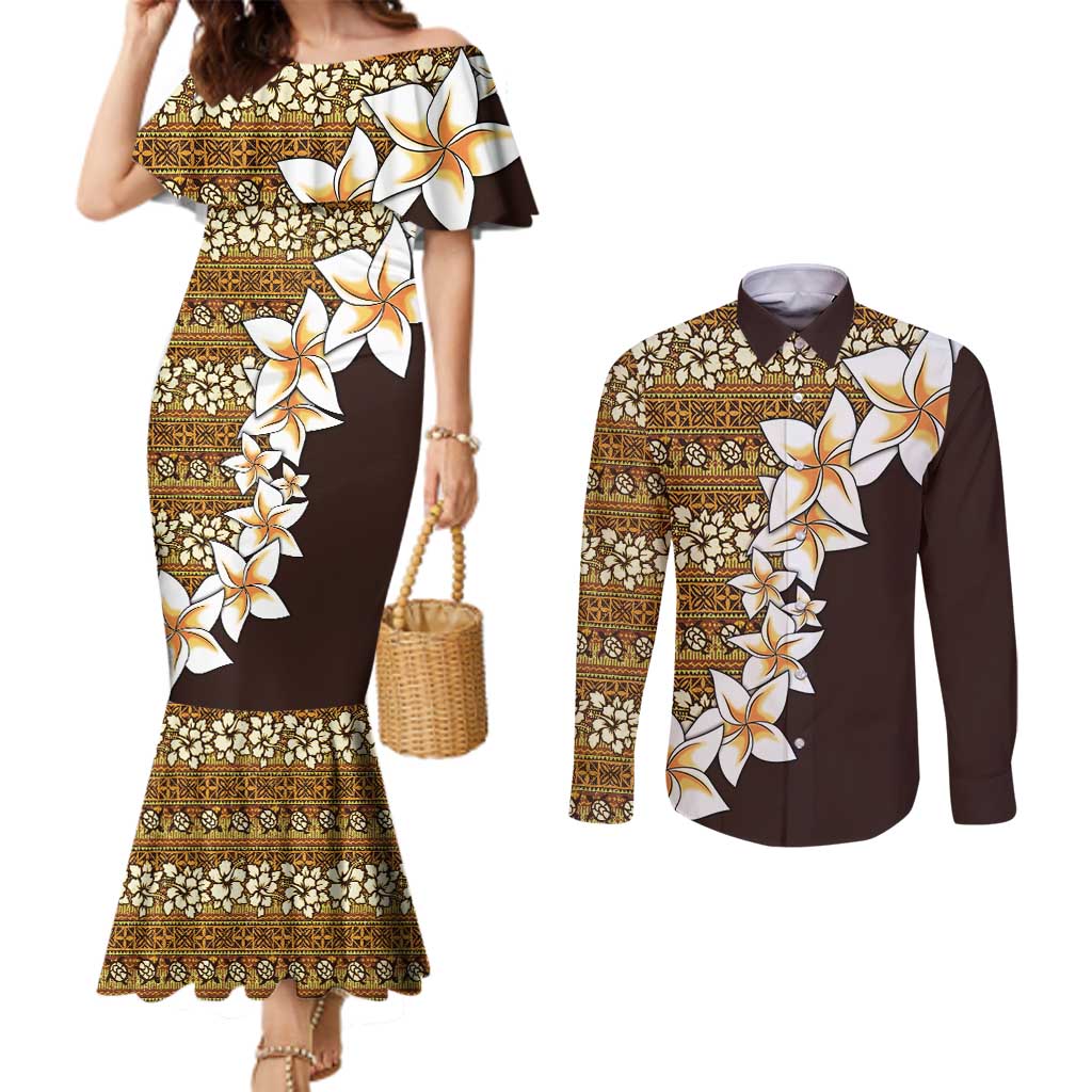 Vintage Hibiscus Turtle Pattern Couples Matching Mermaid Dress and Long Sleeve Button Shirt with Plumeria Half Style