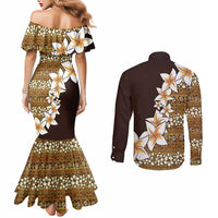 Vintage Hibiscus Turtle Pattern Couples Matching Mermaid Dress and Long Sleeve Button Shirt with Plumeria Half Style